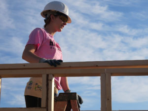 Volunteer on Ladder in Pink Shirt